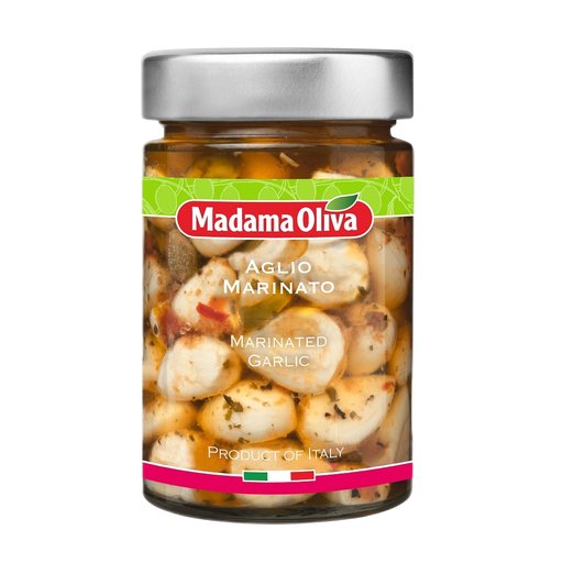 MADAMA OLIVA Marinated Garlic In Oil & Spices - 280g (10oz) - Pinocchio's Pantry - Authentic Italian Food