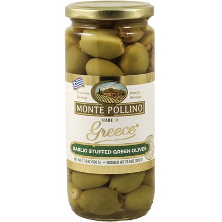 MONTE POLLINO Green Olives Stuffed with Garlic - 500g (17.6oz) - Pinocchio's Pantry - Authentic Italian Food